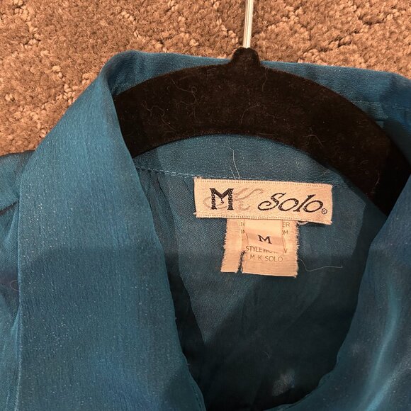 PEACOCK TEAL BEADED CHIFFON BLOUSE, FRENCH CUFFS - Picture 4 of 4